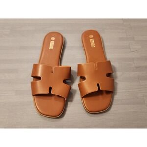 Rihero Tan Brown H-Cutout Flat Slide Sandals Square Toe Slip On Shoes Womens 10